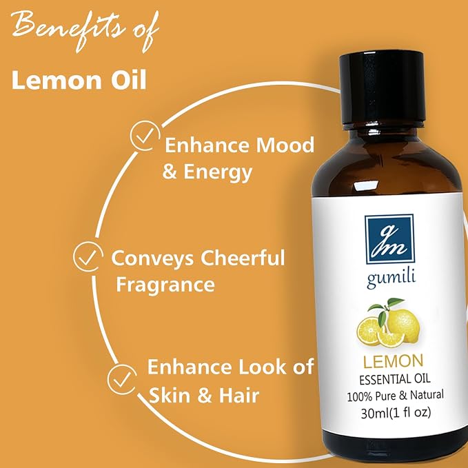 GM Gumili Lemon Essential Oil 1 Oz – 100% Pure Natural Lemon Oil for Cleaning, Diffuser, Skin, Massage & DIY, Fresh Citrus Scent
