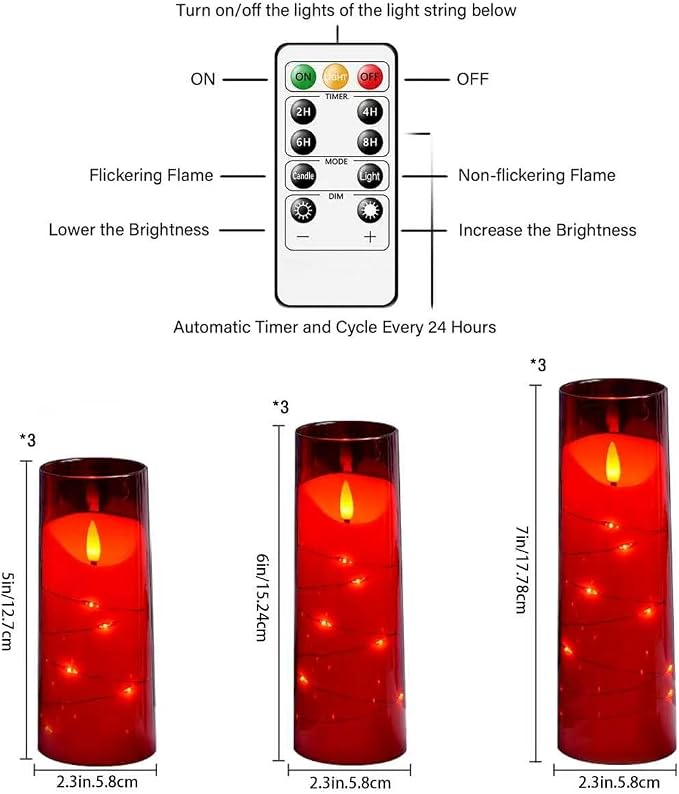 Eebuss Flameless Candles with Embedded Star String, Battery Operated LED Pillar Candles with Timer and Remote Control,Home Decorating for Ambiance， Set of 9 (Red)