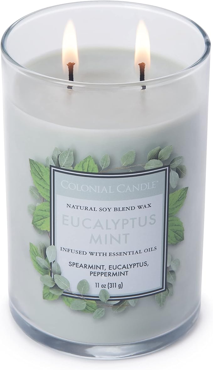 Colonial Candle Eucalyptus Mint Scented Jar Candle, Classic Cylinders Collection, 2 Wick, Green, 11 oz - Up to 80 Hours Burn