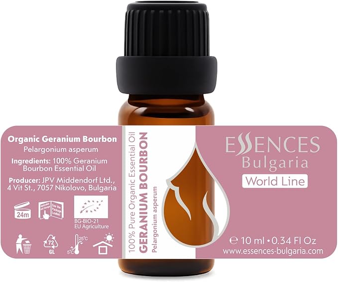 Essences Bulgaria Organic Geranium Bourbon Essential Oil 0.34 Fl Oz | 10ml | Pelargonium asperum | 100% Pure and Natural | Undiluted | Therapeutic Grade | Aromatherapy | Cosmetics | Cruelty Free