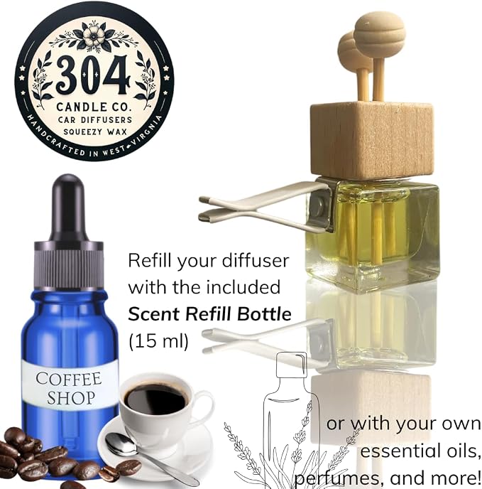 Cute Refillable Car Air Freshener Vent Clip 8mL – Coffee Shop – 15mL Refill Included – Long Lasting Fragrance Oil Diffuser – 100% American Handmade Odor Eliminator