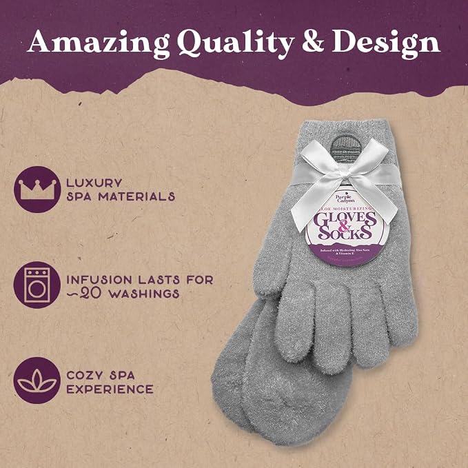 Purple Canyon Aloe Socks and Gloves Set | Light Gray Fuzzy Socks and Gloves Infused with Aloe and Vitamin E | Spa Socks and Gloves for Women