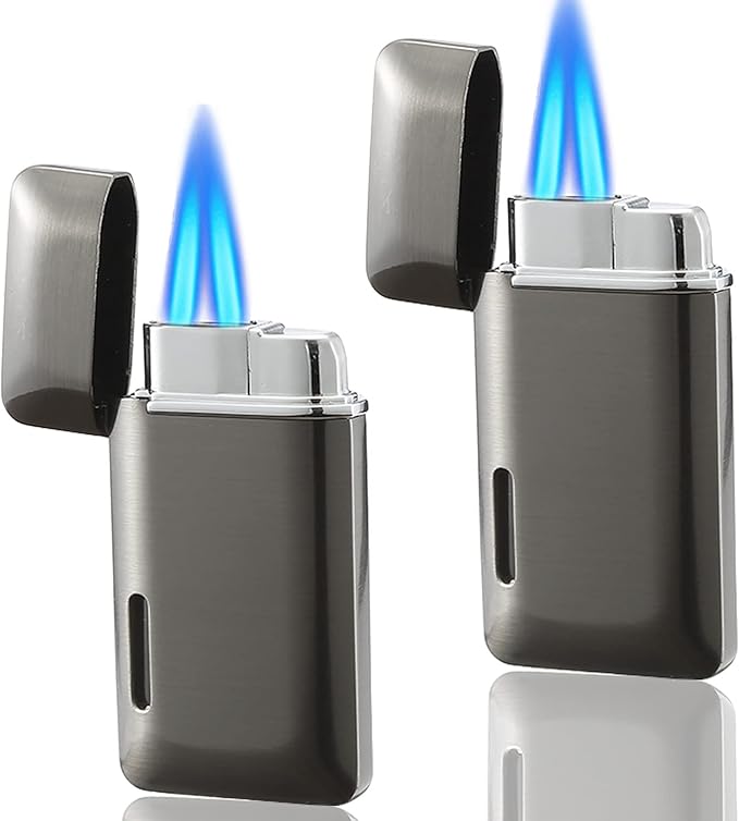 Futlidys 2 Pack Mini Torch Lighter Butane Refillable, Double Flame Butane Lighter with Visible Window, Adjustable Jet Lighter, Great Gifts for Men and Women, Without Gas (Grey)
