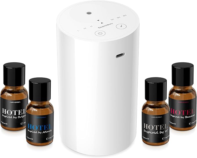 Waterless Essential Oil Diffuser Starter Kit, Battery Operated Mini Scent Air Machine Portable Diffuser for Home Car Office, ANZ White Kit