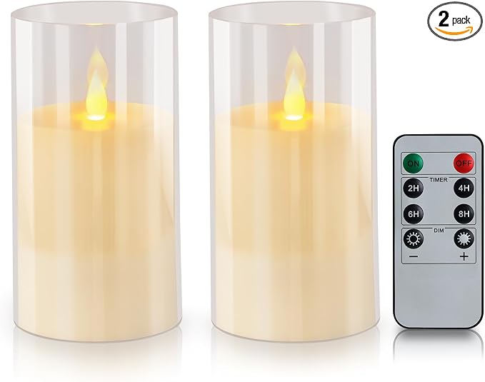 wemarry Flameless Candles Acrylic Glass Pillars 3" D x 6" H Battery Operated Flickering Candles Include 8-Key Remote with Timer Function 400+ Hours (Pure White, Warm Light 2 Pack)