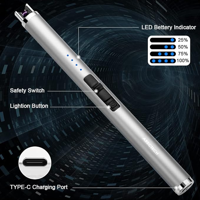 ARECTECH Rechargeable Electric Candle Lighter Arc Plasma Windproof Lighter for Candle Christmas Kitchen Birthday Gift for Mom Men Wife with Type-C Cable Silvery