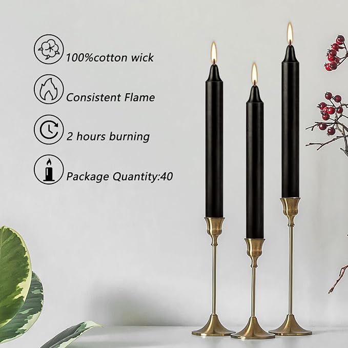 40-Pack of 4-Inch Black Taper Candles - Smokeless, Long-Burning (1.5 Hours Each) - Ideal for Dinners, Parties, Ceremonies, and Shabbat Observances