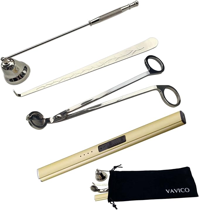 Candle Wick Trimmer Cutter Snuffer Arc Lighter Set Candle Care Kit Electric Plasma USB Rechargeable Long Windproof Lighter Candlesnuffer Candles Wicks Dipper (Gold)