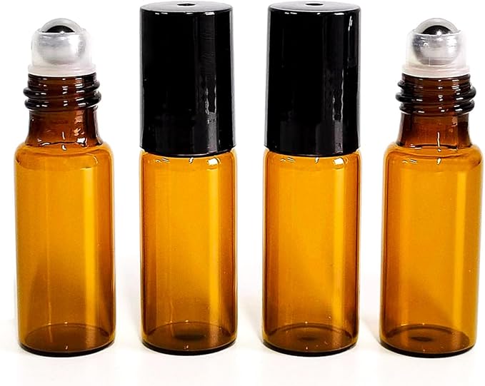 50 PCS 5ml Amber Glass Roller Bottle,Essential Oil Sample Vials with Stainless Steel Roller Ball,Black Caps,for Travel Perfume Cosmetics Small Container(2 Funnels, 2 Dropper, 1 Opener) (5ml)