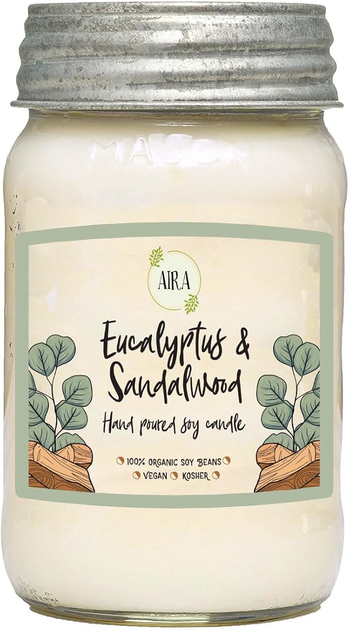 Aira Soy Candles - Organic, Kosher, Vegan, in Mason Jar w/Therapeutic Grade Essential Oil Blends - Hand-Poured 100% Soy Candle Wax - Paraffin Free, Burns 110+ Hours - Eucalyptus & Sandalwood -16 Ounce