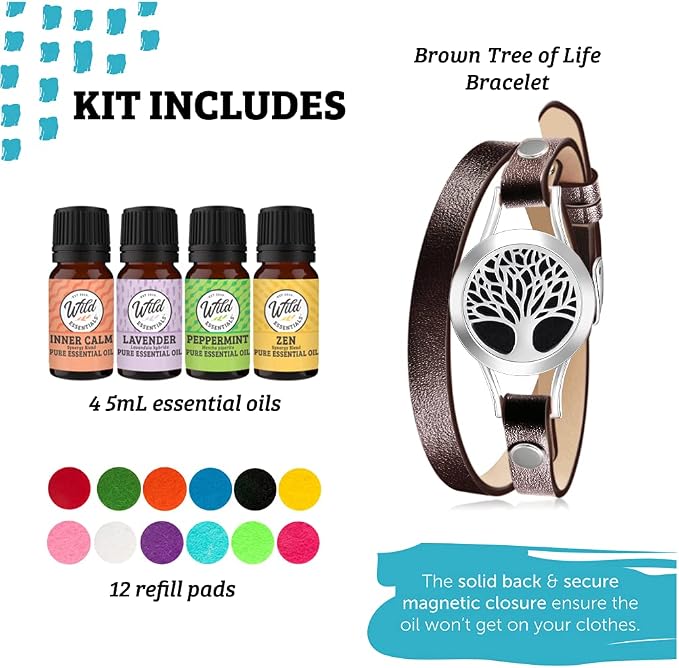 Wild Essentials Tree of Life Essential Oil Leather Wrap Bracelet Diffuser Kit, Gift Set, Lavender, Lemongrass, Peppermint, Orange Oils, 12 Pads, Customizable Color Changing Perfume Jewelry, Brown