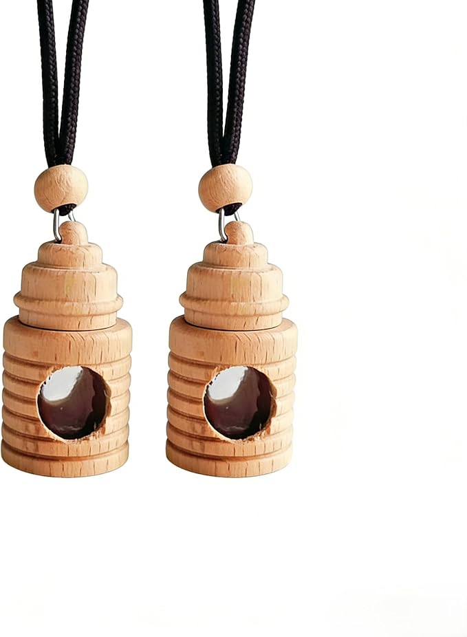 2 Pack Hanging Car Air Freshener Diffuser, Refillable Glass Bottle with Wooden Cap, Long Lasting Drift Car Air Freshener for Essential Oils - Car Fresheners, Car Accessories-A6
