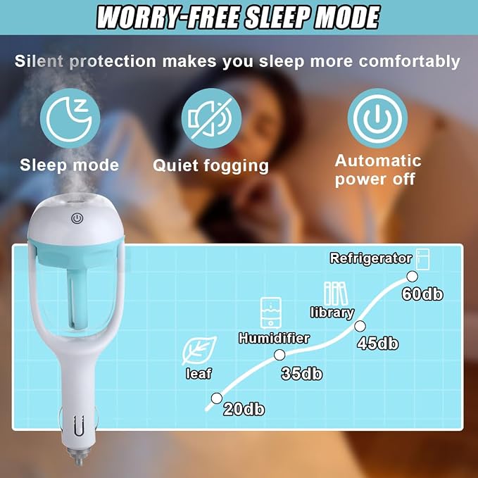 Car Humidifier, Portable Mini Aromatherapy Essential Oil Diffuser, 180-Degree Rotation Cool Mist Humidifier, Vehicle Air Freshener Diffuser with 12V Charging Port for Home Office (Blue)