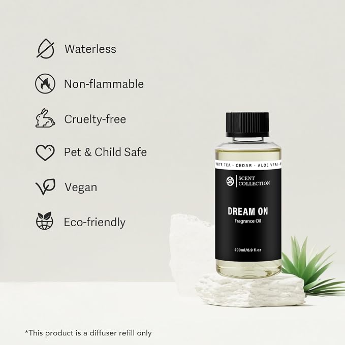 Luxury Hotel Scent Dream On 200ml Diffuser Oil Waterless Essential Aromatherapy for Cold Air & Car Diffusers – Long Lasting Refill for Large Room & Home - Signature White Tea (200ml/6.76Fl oz)