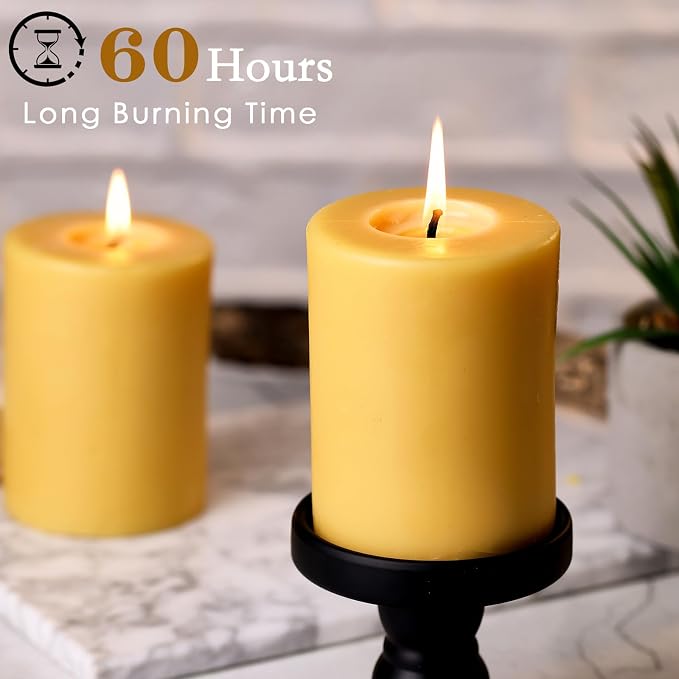 Beeswax Candles Pillar 3x4 Inch, 4 Pack Non Toxic Bees Wax Candle for Home Decor, Large Natural Organic Pillar Candle with 60 Hours Long Burning Time for Emergency, Meditation, Relax