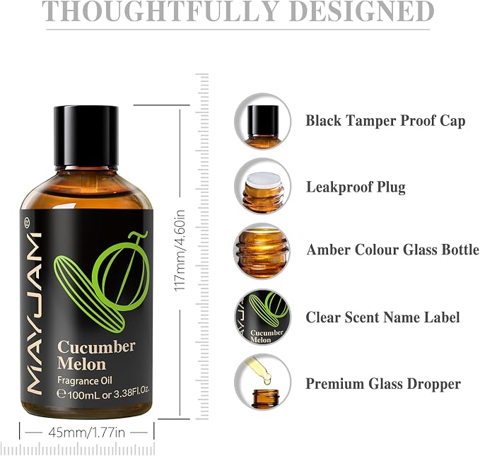 MAYJAM 100ML/3.38FL.OZ Cucumber Melon Fragrance Oils with Glass Dropper, Essential Oils for Diffusers for Home, Long Lasting Scented Oils for Diffusers Soap Candle Making