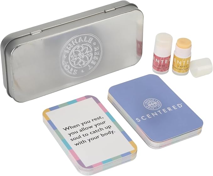 Scentered Gratitude & Affirmation Gift Set – 42 Pocket-Sized Mindfulness Cards with Aromatherapy Balms for Positivity, Mood Boost & Self-Care in Reusable Tin
