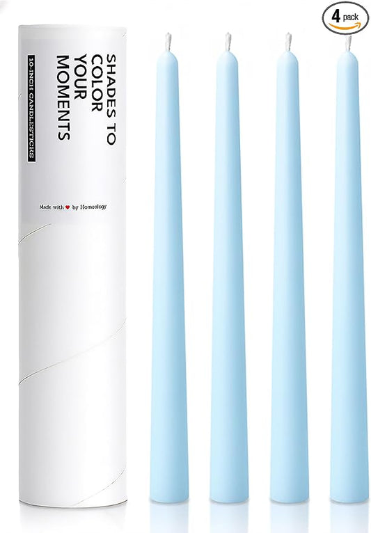 10" Classic Taper Candles, Sky Blue, 4-Pack, 7-8 Hours Long Burning, Unscented Tall Candlesticks