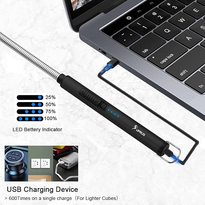 SUPRUS Electric Candle Lighter USB Type C Rechargeable Lighter Steel Shell & Hanging Hook with 360° Flexible Neck(Black, 2)