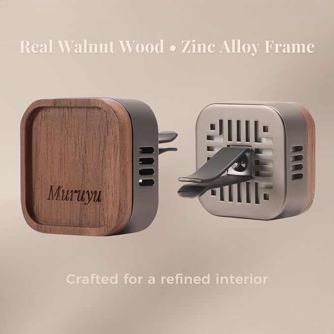 Walnut Wood Car Vent Diffuser, Essential Oil Diffuser for Car, Zinc Alloy with Magnetic Cover, Refillable Non-Electric Air Freshener, Subtle & Controlled Scent