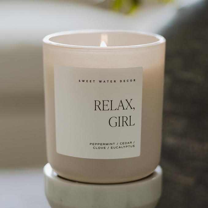 Sweet Water Decor Relax, Girl Candle - Peppermint, Clove, Cedar, Eucalyptus Scented Aromatherapy Candle - 15oz Tan Matte Jar, 70+ Hour Burn Time, Made in The USA, Non-Toxic Soy Wax Spa Gift for Spring
