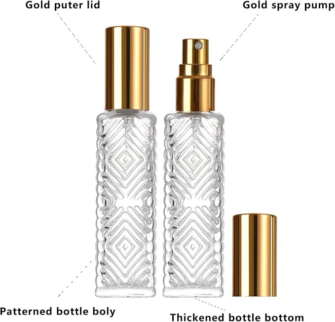 8pcs Refillable Mini Atomizer Bottles, Square Glass, Travel Essential Oil Spray Bottle, with Perfume Dispenser (15ML/A-Gold)