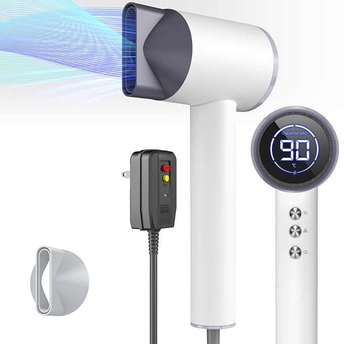 1600W Ionic Hair Dryer With LED Display & Magnetic Nozzle, Portable for Women, Travel, Salon, Home, Cream White, HC03