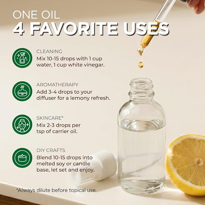 100% Pure Lemon Essential Oil - 4 Fl Oz - Lemon Oil for Hair, Skin, Diffuser, Aromatherapy & DIY Candle Making Scent