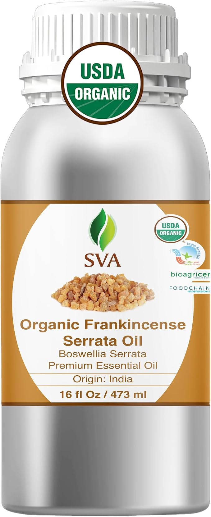 SVA Organic Frankincense Essential Oil – 16 Fl Oz – 100% Natural Boswellia Serrata Oil - for Diffuser, Hair Care, Face, Skin Care, Aromatherapy, Scalp and Body Massage, Soap and Candle Making