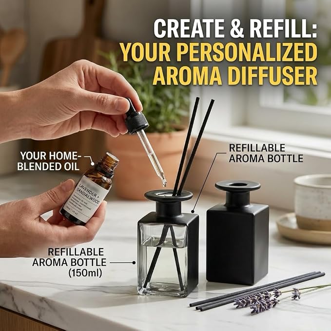 2 Pack 150ml Glass Reed Diffuser Container with Black Sticks, Empty Essential Oil Diffuser Jars with Protective Packaging for DIY Home Fragrance, Bathroom, Bedroom and Office Decor (2, Amber Brown)