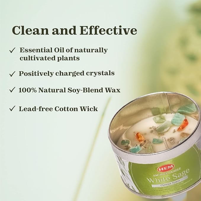 HEM White Sage Smudge Candle – 3.2 oz Natural Soy Wax with Healing Crystals Inside | Scented Candle for Cleansing, Meditation, Yoga & Relaxation | Long Lasting 20 Hr Clean Burn