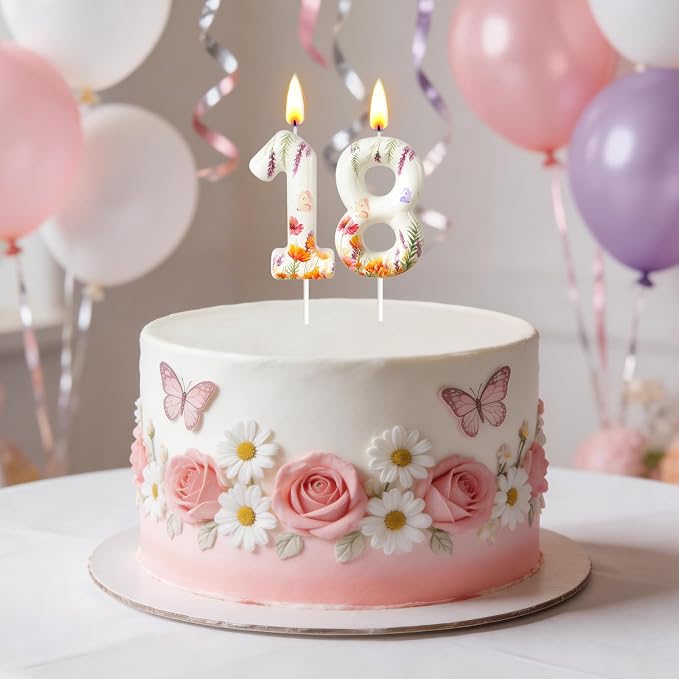Number 8 Birthday Candle for Cake – Floral Botanical Design with Butterfly Detail – Elegant Cake Topper for Birthday, Garden Party Decoration