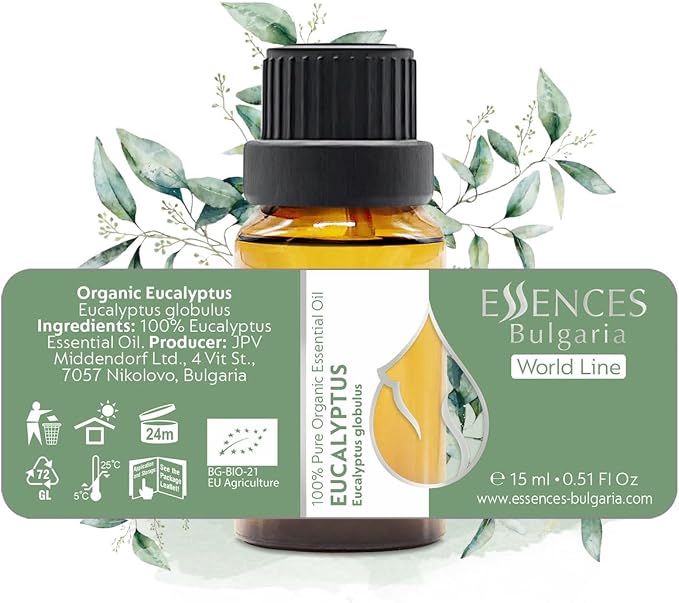 Essences Bulgaria Organic Eucalyptus Essential Oil 0.51 Fl Oz 15ml Eucalyptus globulus 100% Pure Natural Undiluted Therapeutic Grade for Aromatherapy Diffuser Humidifier Air Purifier Sauna Steam Room