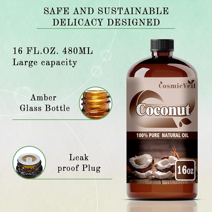 Coconut Essential Oil Coconut Oil for Aroma Diffuser,Humidifier,Home Fragrance,Cleaning,Body Care,Massage,Yoga,DIY Candle,DIY Soap CosmicVeil（Coconut，16 Fl Oz (Pack of 1)）