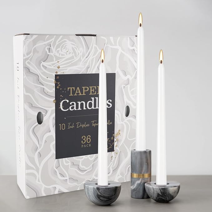 YOROXRG 36 Pack White Taper Candles, 7-8 Hours Burn Time, Unscented, Smokeless and Dripless, 0.8 x 10 Inch Dinner Candle Set for Household, Wedding, Party and Home Décor Candlesticks