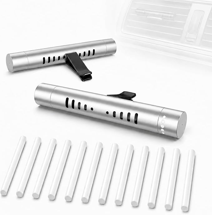 2 Pcs Car Air Essential Oil Diffuser Vent Clip with 12 Pcs Odorless Refill Sticks, Premium Aluminum Air Freshener Diffuser Suitable for Cars, Office, Kitchen (Red, 2 Pcs) (Silver-2 Pcs)