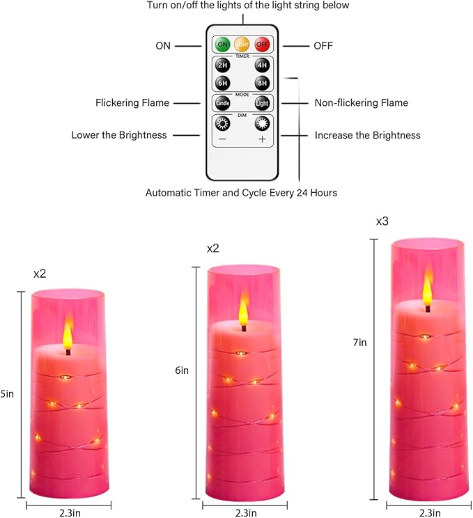 Eebuss Flameless Candles with Embedded Star String, Battery Operated LED Pillar Candles with Timer and Remote Control,Home Decorating for Ambiance， Set of 7 (Pink)