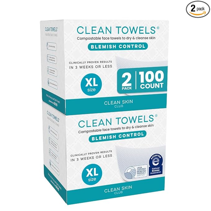 Clean Skin Club Blemish Control Clean Towels® XL, Compostable Face Towels, Eczema Association Accepted Disposable Face Towelette, Makeup Remover Dry Wipes, 2 Packs, 100 Ct Total