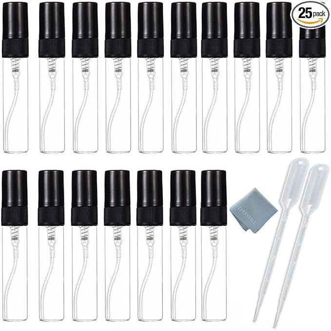 Elfenstall- 25PCS Clear Glass 5ml 1/6oz Spray Bottle Perfume Fragrance Scent Vials Black Fine mist Atomizer Refillable Sprayer Portable Liquid Container Free 2pcs 3ml Dropper