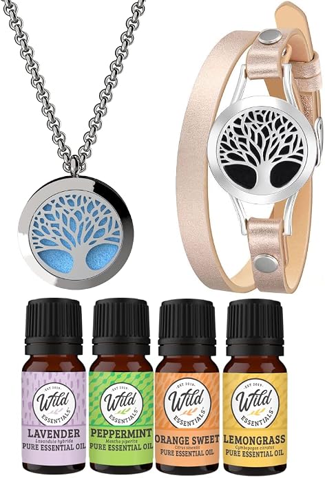 Wild Essentials Tree of Life Necklace and Bracelet Diffuser Gift Box set with 4 essential oils and 24 color refill pads aromatherapy lavender, lemongrass, orange and peppermint oils, combination kit
