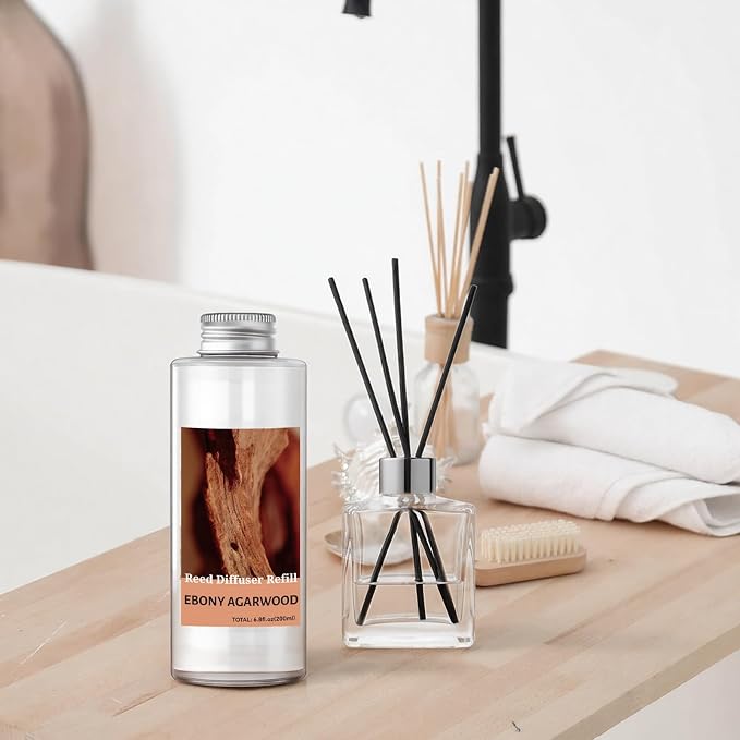STRN Reed Diffuser Oil Refill, Ebony Agarwood Scented Diffuser Oil Refills with 6 Reed Sticks 200ML(6.8fl.oz), Room Fresheners for Home, Long-Lasting Summer Fragrance for Living Room, Bedroom, Office