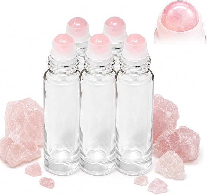 Rose Quartz Roller Ball Bottle for Castor Oil - 10ml Refillable Empty Glass Roll-On for Essential Oils, Organic Castor Oil, Perfume & Skincare - Leak-Proof Travel Size Quartz Stone Rollerball (5pcs)
