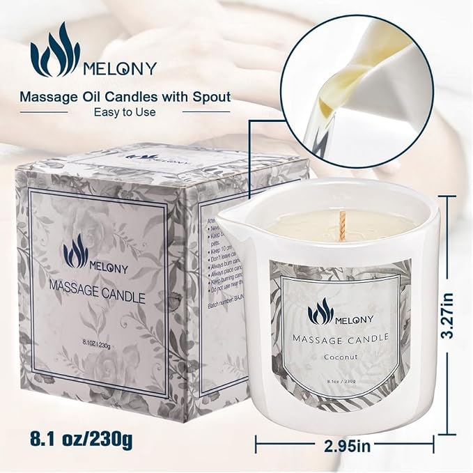 MELONY Soy Massage Oil Candle | Coconut | 8.1OZ / 230G | Perfect Intensive Skin Treatment Candle | Nourishing with Almond Oil, Shea Butter & Cocoa Butter | Massage & Moisturise