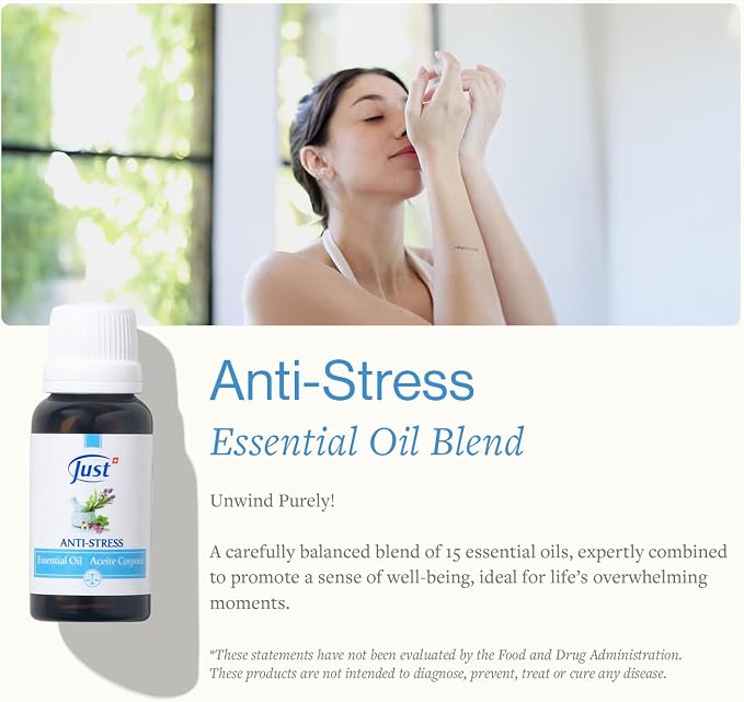 Swiss Just Stress Relief, Anti-Stress Activator Essential Oil 20ml. A Specific & Balanced Blend of 15 Natural Essential Oils. with Basil & Lavender Extract, 20 ml