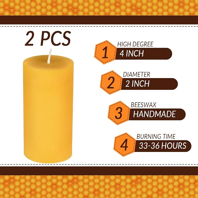 DEYBBY 2 x 4 inch Natural Beeswax Pillar Candles Set of 4, Smokeless Dripless Pure Beeswax Candle Bulk with Natural Scent for for Home Decor Blackout Housewarming Party Event, Long Burn, Yellow
