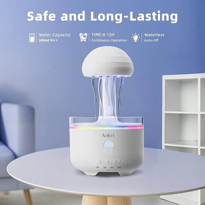 300ML Jellyfish Essential Oil Diffuser, Quiet Aromatherapy Mist Diffusers for Essential Oils, with 7 LED Color Changing Light and Auto-Off Switch, Suitable and Families Humidifiers for Bedroom（White）