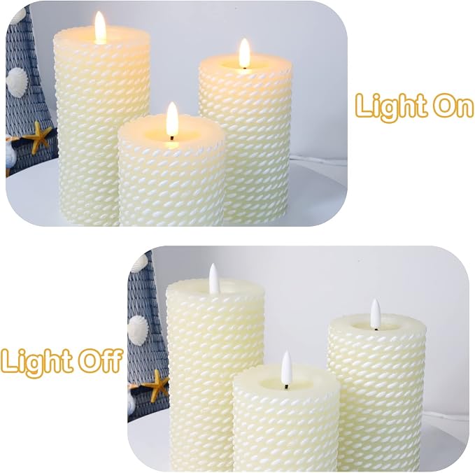 Flameless Candles Set of 3, White Real Wax Rope Theme Battery Operated LED Candles with Remote Control and Timer for Gift Home Festival Decor