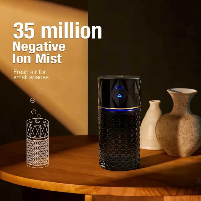 Car Diffuser Humidifier, USB Wireless Cool Mist Aromatherapy Diffuser, Mini Portable Essential Oil Air Freshener with 35 Million Negative Ion, Night Light&Auto Shut-Off (Black)