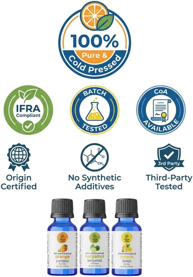 Citrus Essential Oils Set – Orange, Bergamot & Lemon, Cold Pressed Citrus Bergamot Oils for Diffuser, 100% Pure Undiluted, 1 fl oz Each, 3-Pack