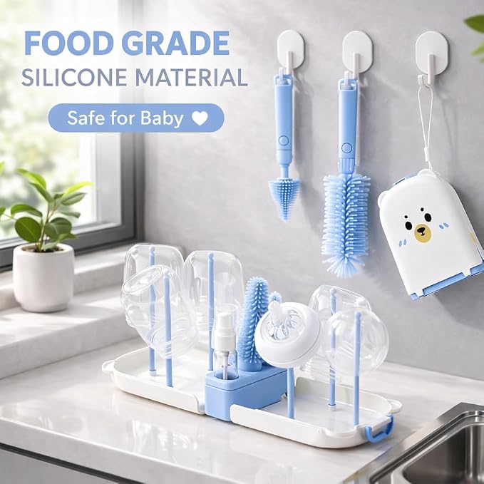 Travel Bottle Cleaner kit, 7in1 Baby Travel Gear Silicone Travel Bottle Brush Set Nipple Drying Rack, Straw Breast Pump Cleaning Soap Dispenser Organizer Case Mon Gift (Blue)
